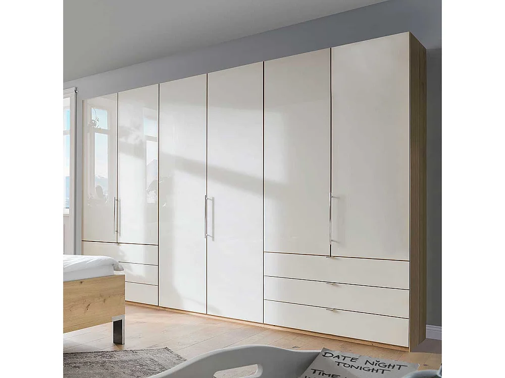 Falttürenschrank in Beige und Eiche Bianco sechs Schubladen