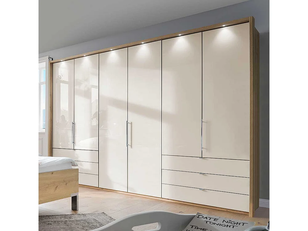 Falttürenschrank in Beige und Eiche Bianco sechs Schubladen