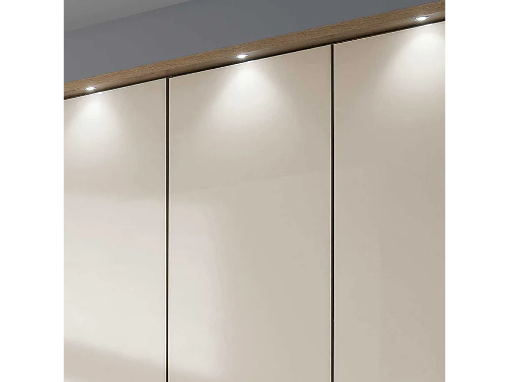 Falttürenschrank in Beige und Eiche Bianco sechs Schubladen