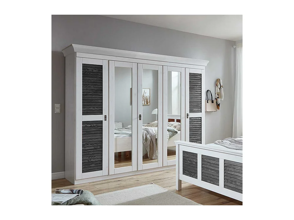 Landhaus Drehtürenschrank in Kiefer Grau und Weiß 253x210x64 cm