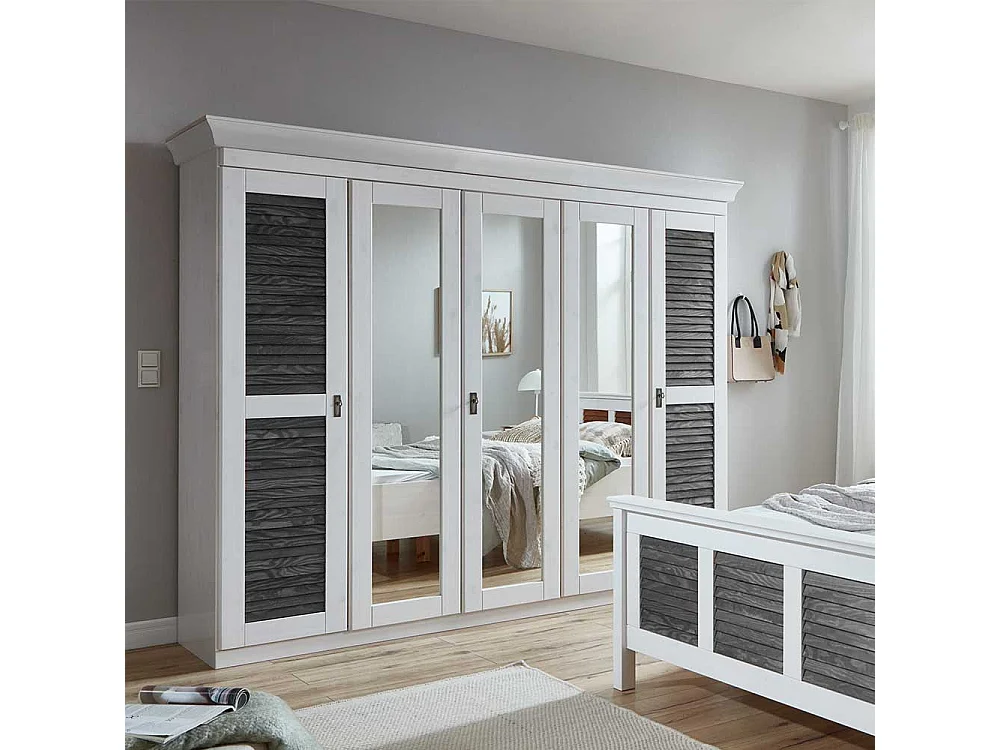 Landhaus Drehtürenschrank in Kiefer Grau und Weiß 253x210x64 cm