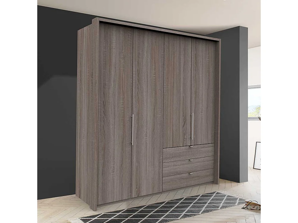 Moderner Kleiderschrank in Eiche Trüffelfarben 2 türig drei Schubladen