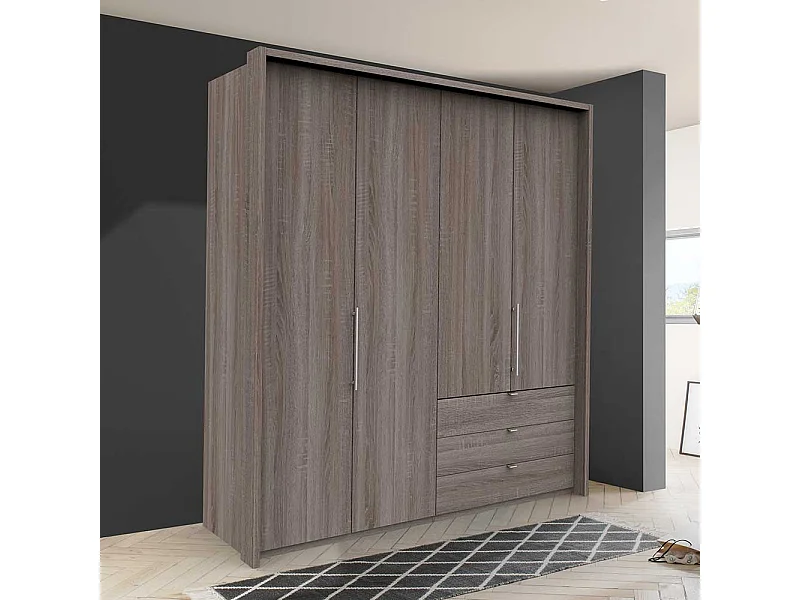 Moderner Kleiderschrank in Eiche Trüffelfarben 2 türig drei Schubladen