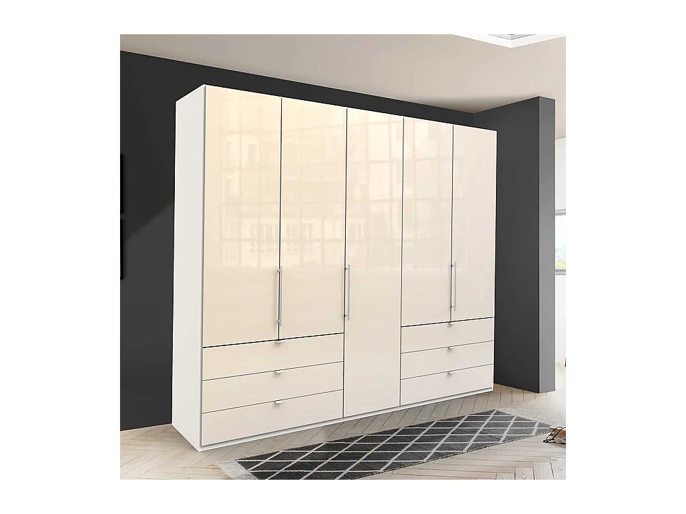 Cremefarbener Kleiderschrank mit sechs Schubladen 3 türig