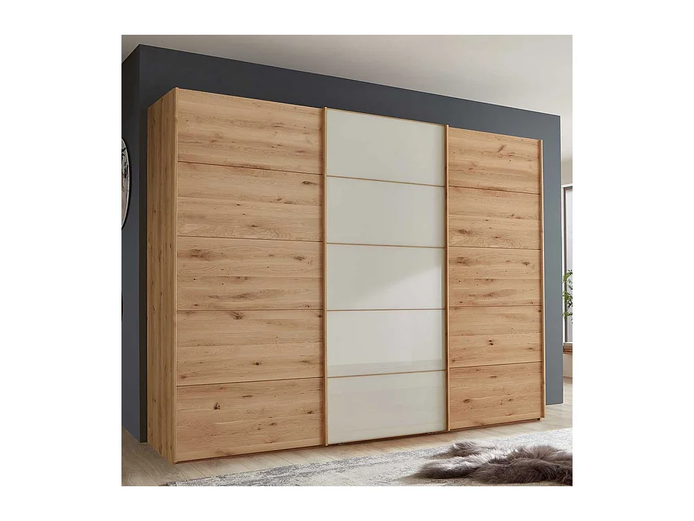 Schwebetuerenschrank in Eiche Bianco Beige Glasfront