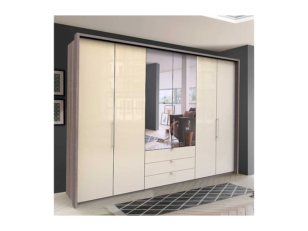 Luxus Kleiderschrank in Cremefarben und Eiche Trüffel Optik Falttüren