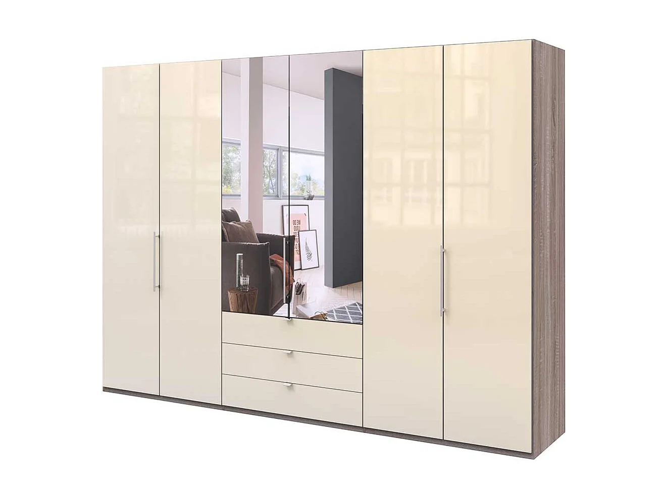 Luxus Kleiderschrank in Cremefarben und Eiche Trüffel Optik Falttüren