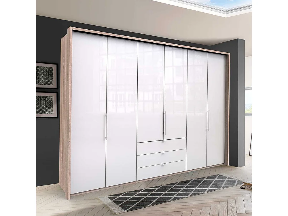 Großer Kleiderschrank mit Falttüren und Schubladen Weiß Eiche Sägerau