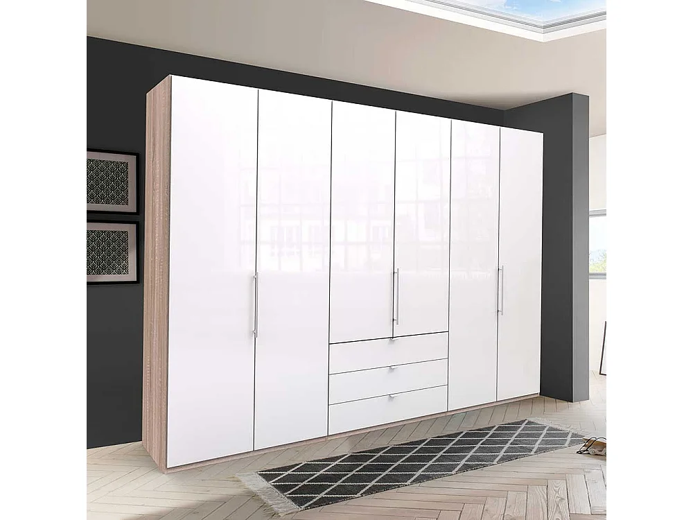 Großer Kleiderschrank mit Falttüren und Schubladen Weiß Eiche Sägerau