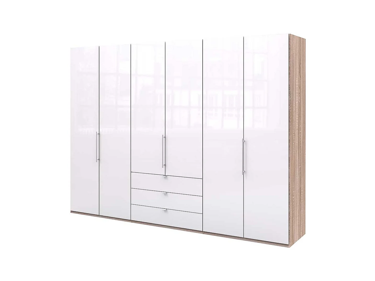 Großer Kleiderschrank mit Falttüren und Schubladen Weiß Eiche Sägerau
