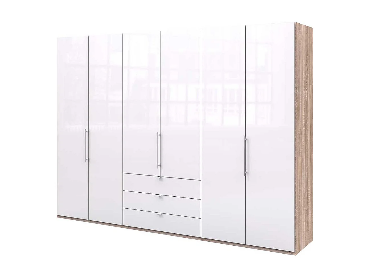 Großer Kleiderschrank mit Falttüren und Schubladen Weiß Eiche Sägerau