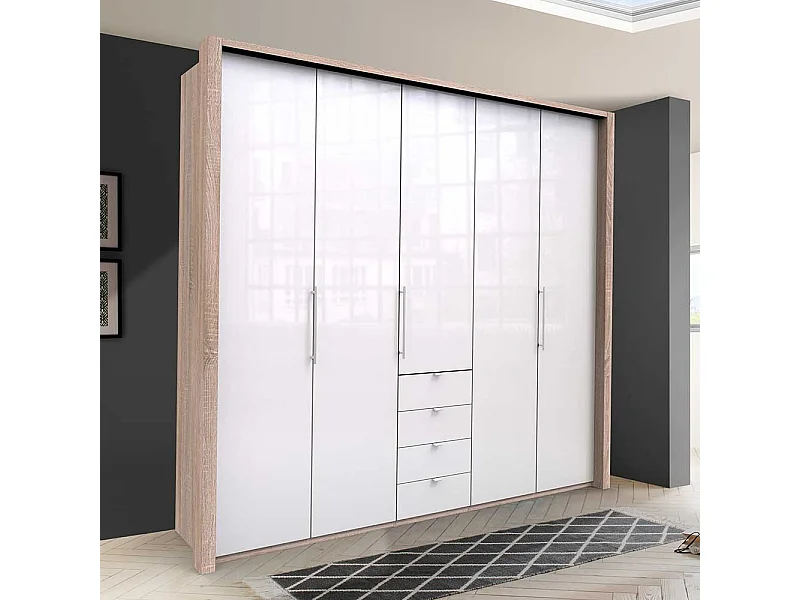 Eleganter Kleiderschrank 3 türig mit vier Schubladen glasbeschichtet