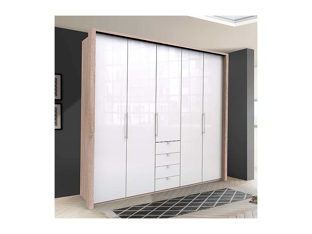 Eleganter Kleiderschrank 3 türig mit vier Schubladen glasbeschichtet