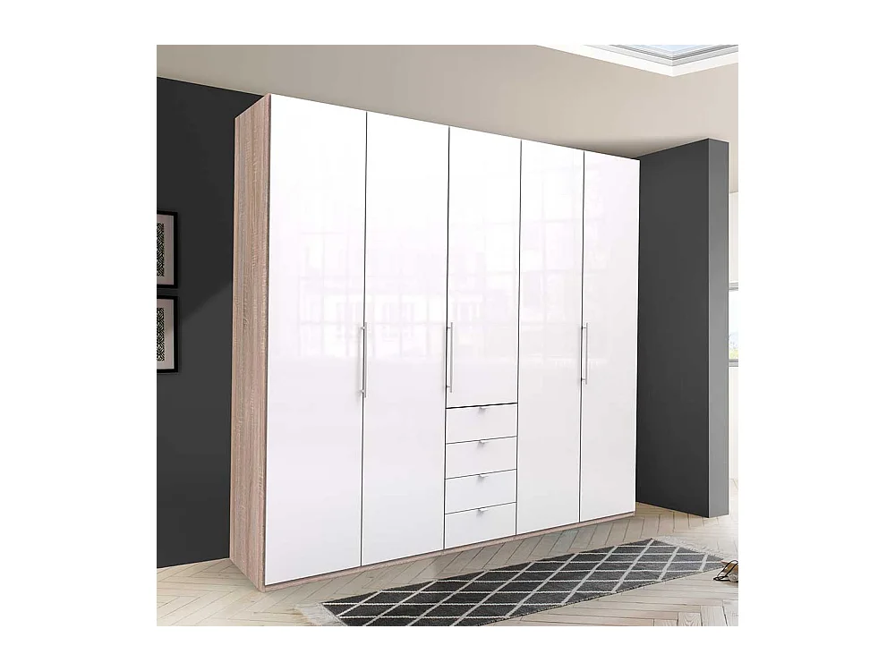 Eleganter Kleiderschrank 3 türig mit vier Schubladen glasbeschichtet