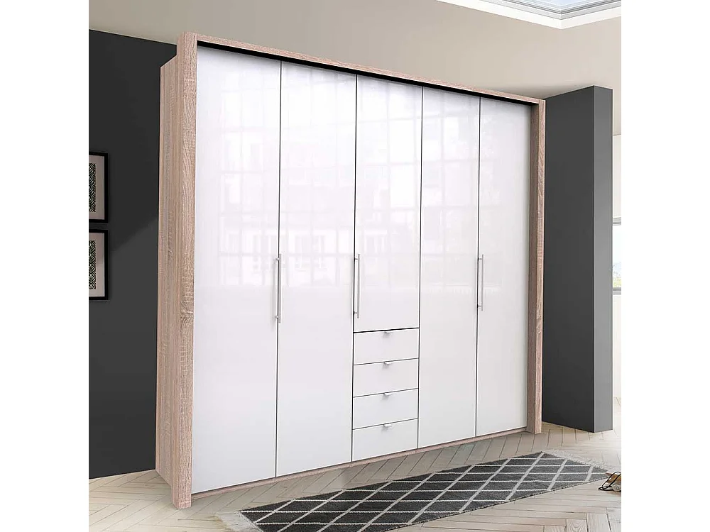 Eleganter Kleiderschrank 3 türig mit vier Schubladen glasbeschichtet