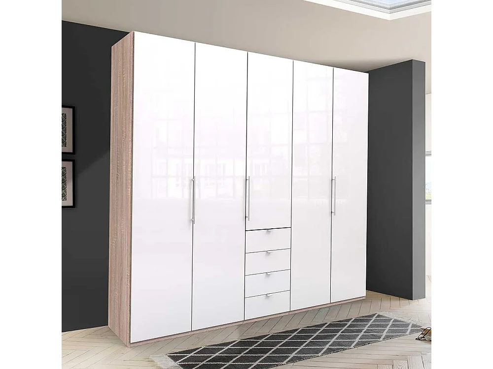 Eleganter Kleiderschrank 3 türig mit vier Schubladen glasbeschichtet