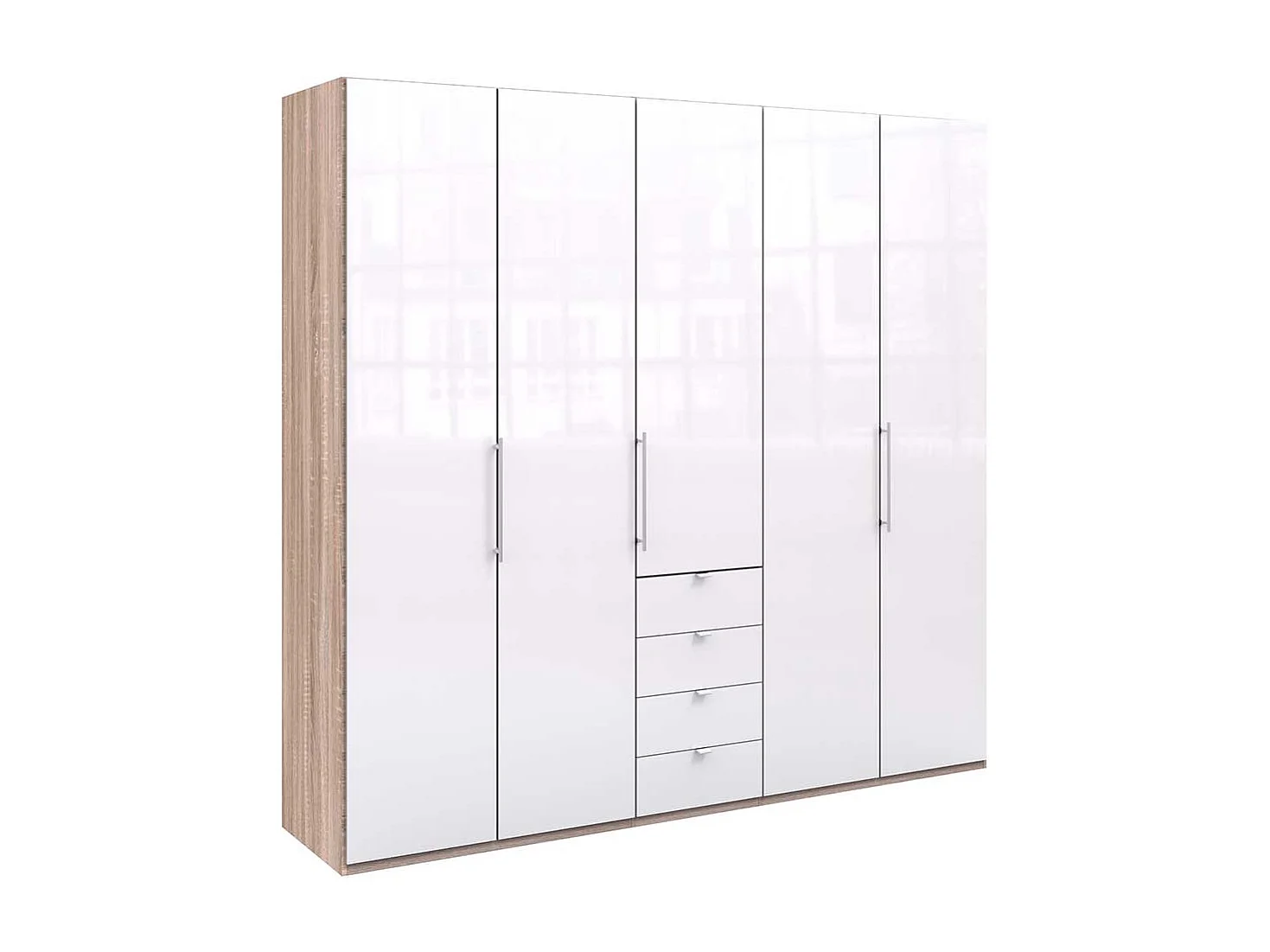 Eleganter Kleiderschrank 3 türig mit vier Schubladen glasbeschichtet