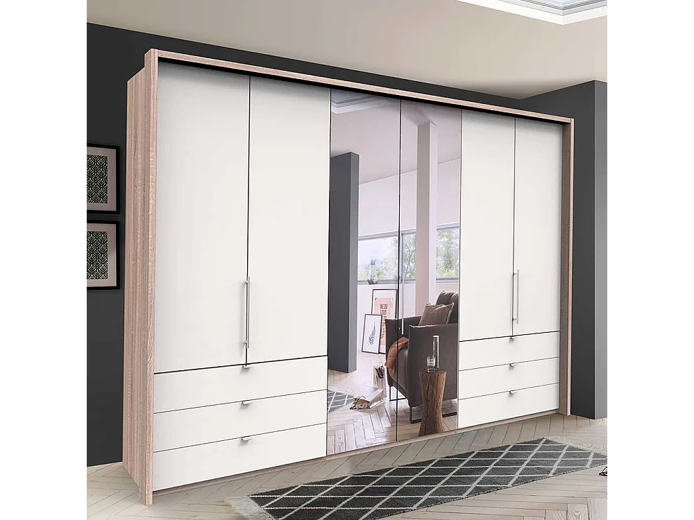 Schlafzimmerschrank mit Spiegel Falttüren und Schubladen glasbeschichtet