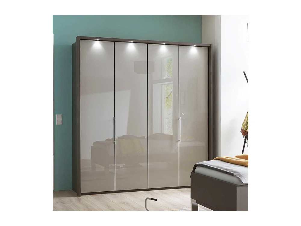 Falttüren Schlafzimmerschrank in Hellgrau und Braun LED Beleuchtung