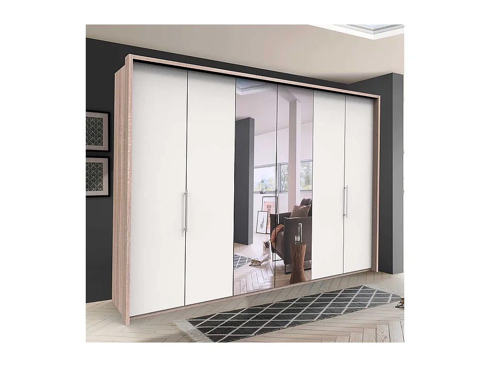 Panorama Schlafzimmerschrank mit Falttüren und Spiegel Weiß Eiche Sägerau
