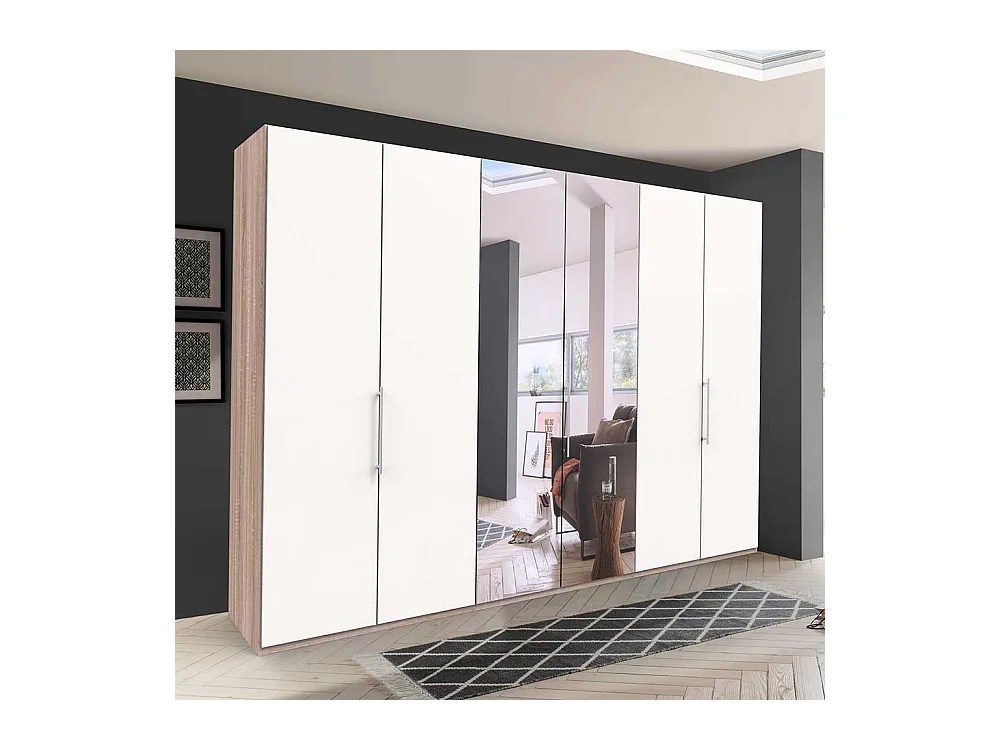 Panorama Schlafzimmerschrank mit Falttüren und Spiegel Weiß Eiche Sägerau