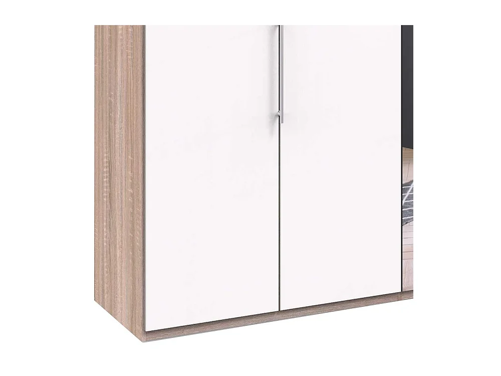 Panorama Schlafzimmerschrank mit Falttüren und Spiegel Weiß Eiche Sägerau