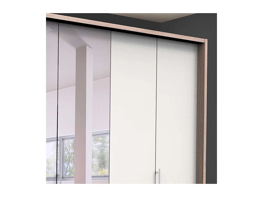 Panorama Schlafzimmerschrank mit Falttüren und Spiegel Weiß Eiche Sägerau