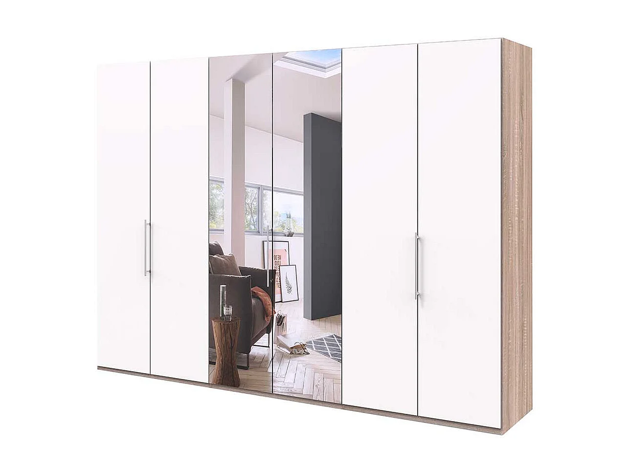 Panorama Schlafzimmerschrank mit Falttüren und Spiegel Weiß Eiche Sägerau