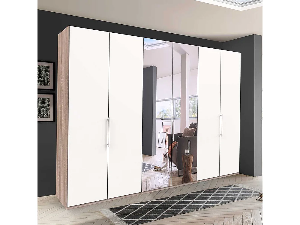 Panorama Schlafzimmerschrank mit Falttüren und Spiegel Weiß Eiche Sägerau