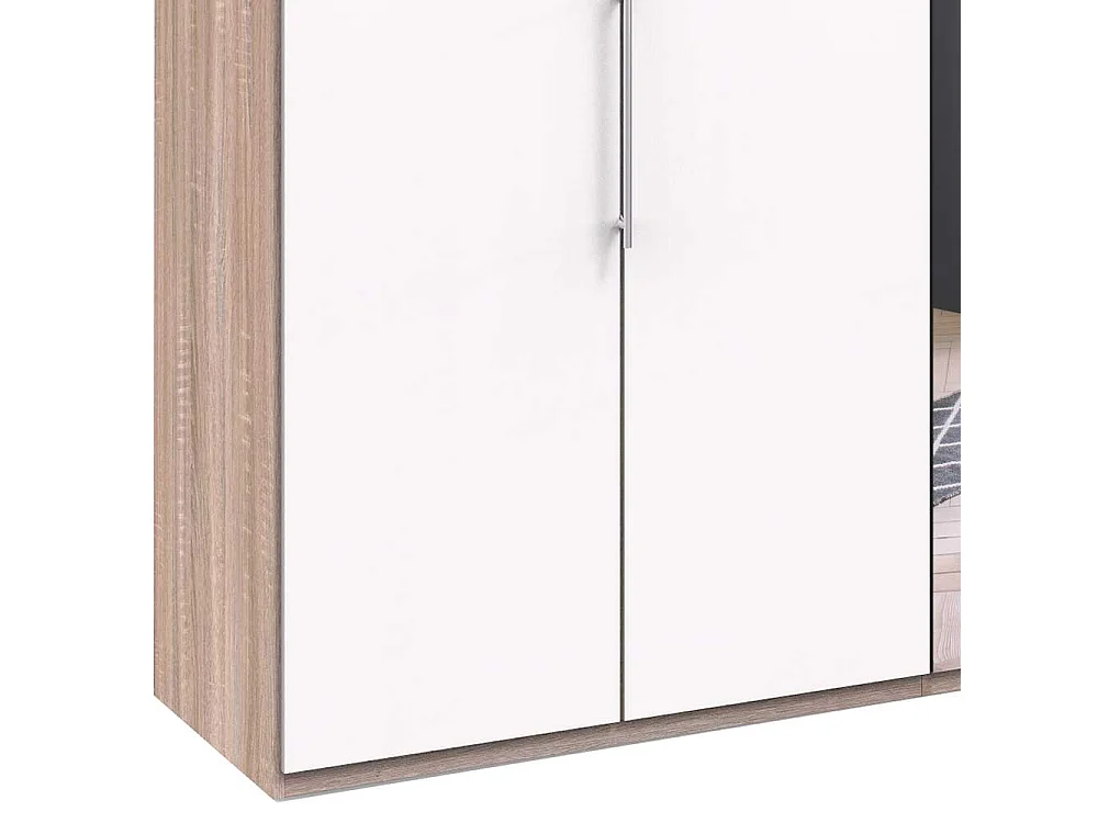 Panorama Schlafzimmerschrank mit Falttüren und Spiegel Weiß Eiche Sägerau