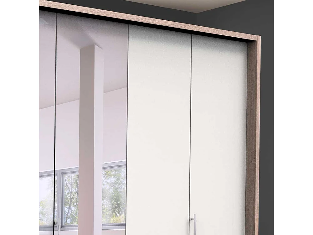 Panorama Schlafzimmerschrank mit Falttüren und Spiegel Weiß Eiche Sägerau