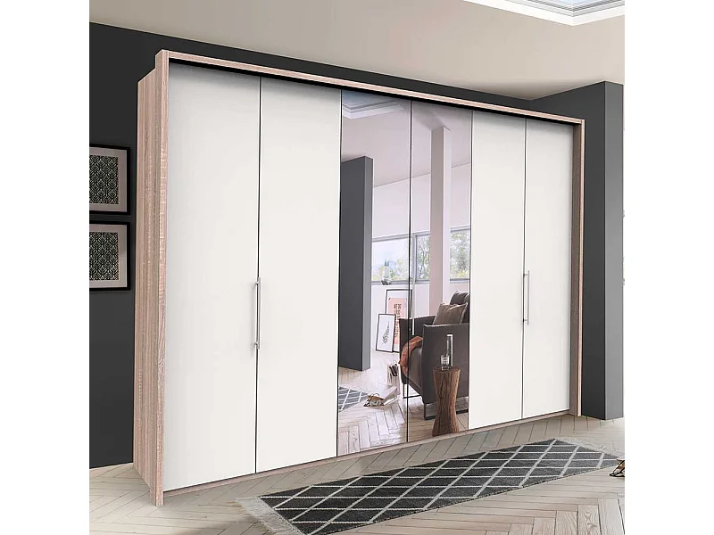 Panorama Schlafzimmerschrank mit Falttüren und Spiegel Weiß Eiche Sägerau