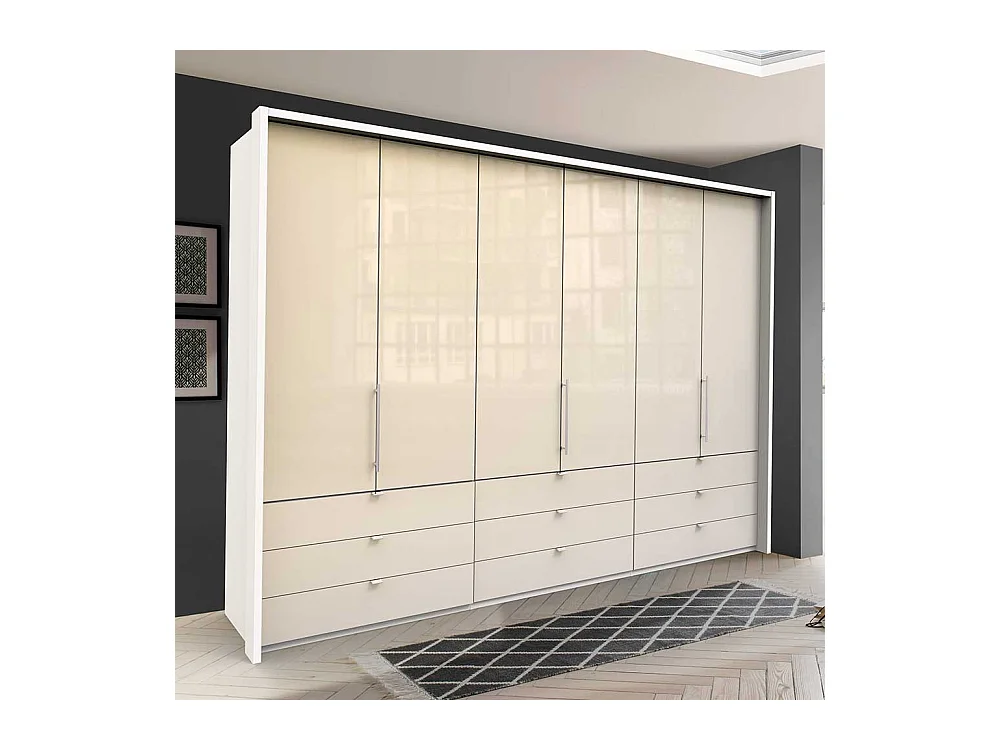 Panorama Falttürenschrank in Cremefarben und Weiß neun Schubladen