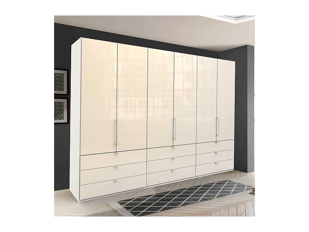 Panorama Falttürenschrank in Cremefarben und Weiß neun Schubladen