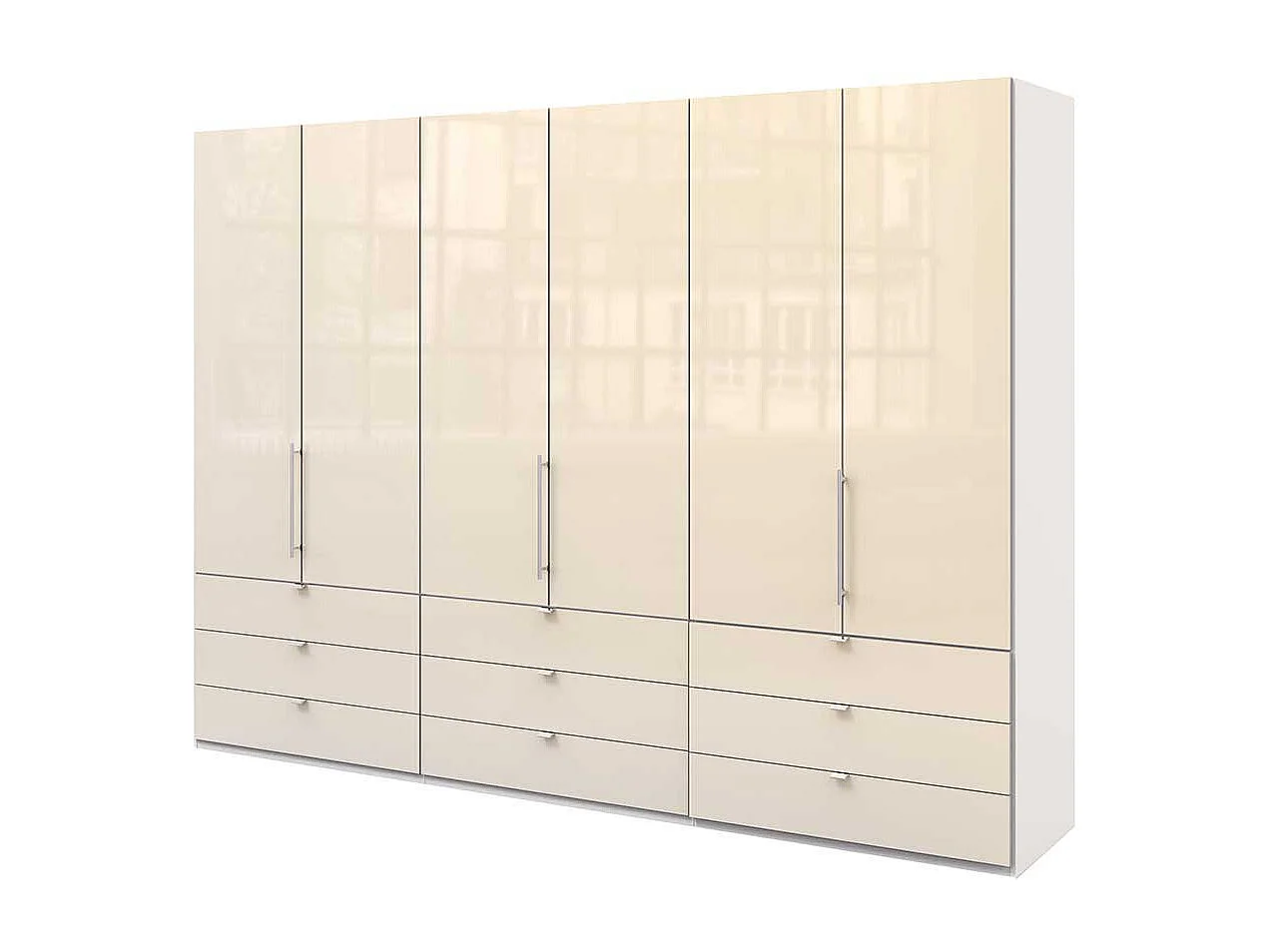 Panorama Falttürenschrank in Cremefarben und Weiß neun Schubladen