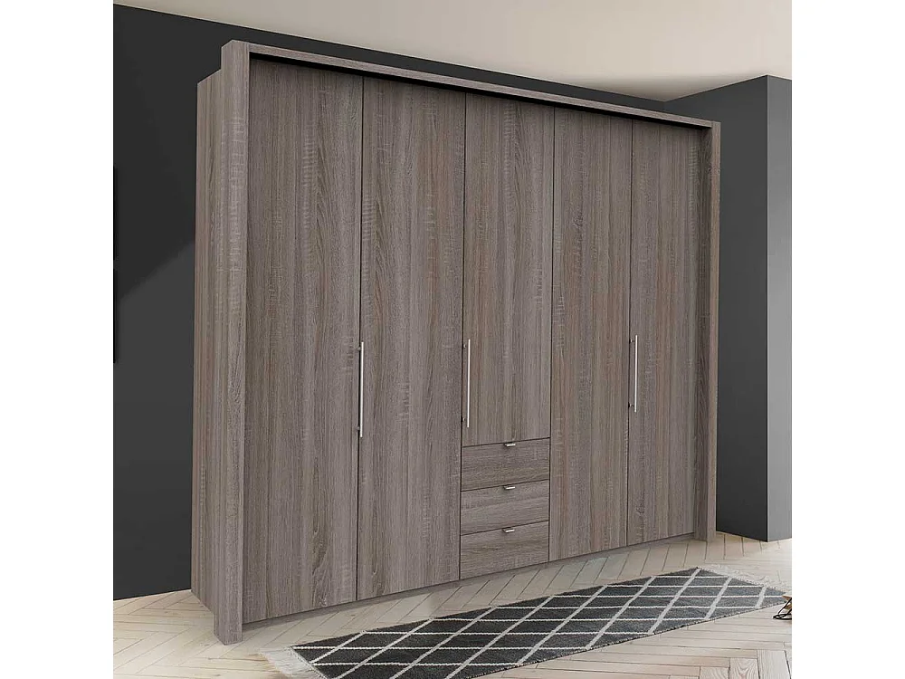 Falttüren Kleiderschrank in Eiche Trüffelfarben drei Schubladen