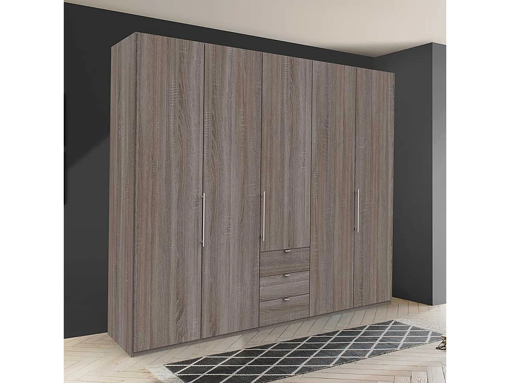 Falttüren Kleiderschrank in Eiche Trüffelfarben drei Schubladen