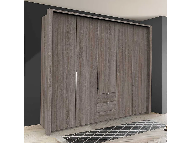 Falttüren Kleiderschrank in Eiche Trüffelfarben drei Schubladen