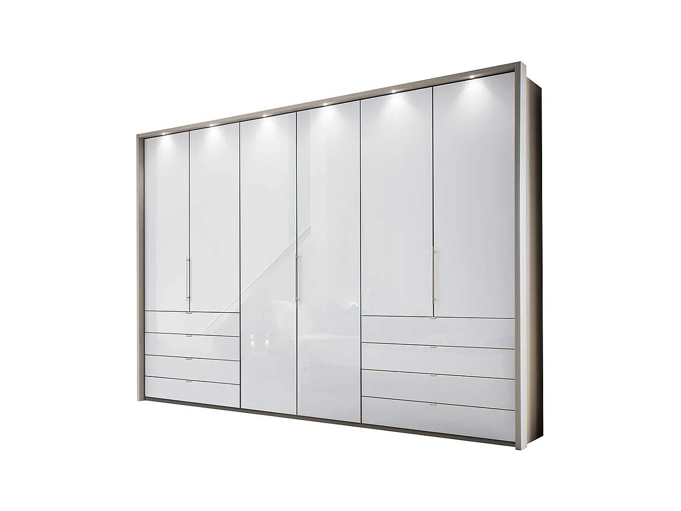 Falttüren Schlafzimmerschrank in Weiß und Hellgrau LED Beleuchtung