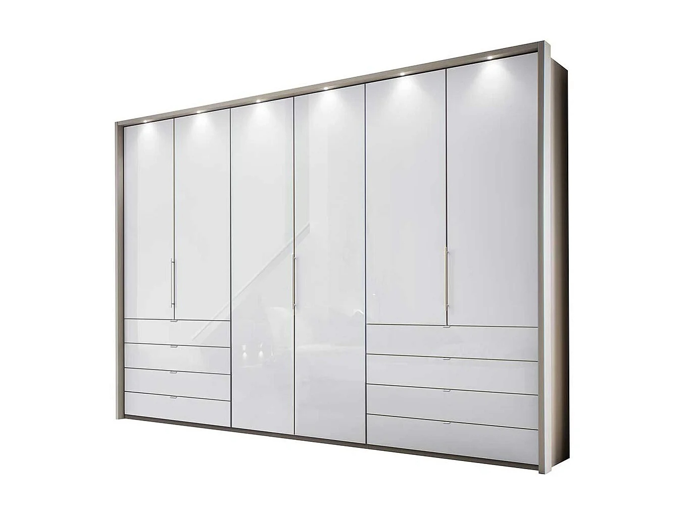 Falttüren Schlafzimmerschrank in Weiß und Hellgrau LED Beleuchtung