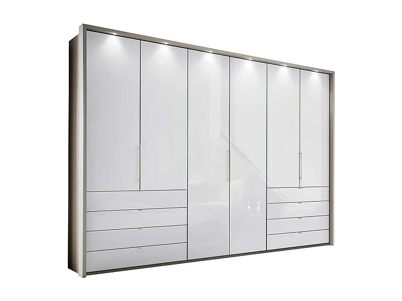 Falttüren Schlafzimmerschrank in Weiß und Hellgrau LED Beleuchtung