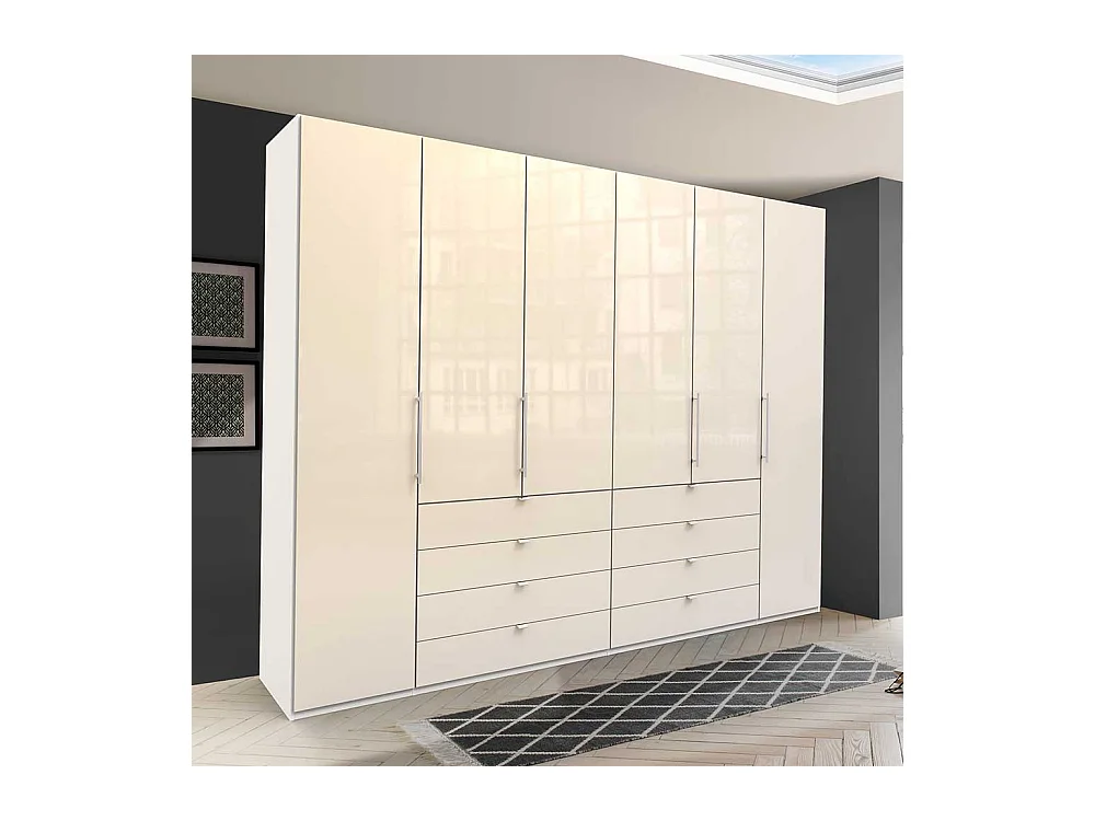 Cremefarbener Schlafzimmerschrank 4 türig 8 Schubladen