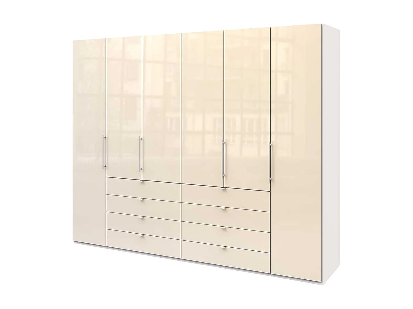 Cremefarbener Schlafzimmerschrank 4 türig 8 Schubladen