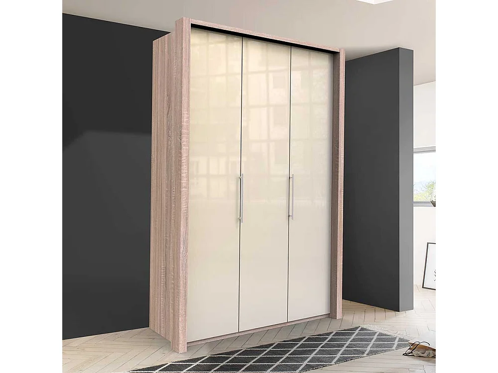 Jugend Kleiderschrank in Cremefarben und Eiche Sägerau glasbeschichtet