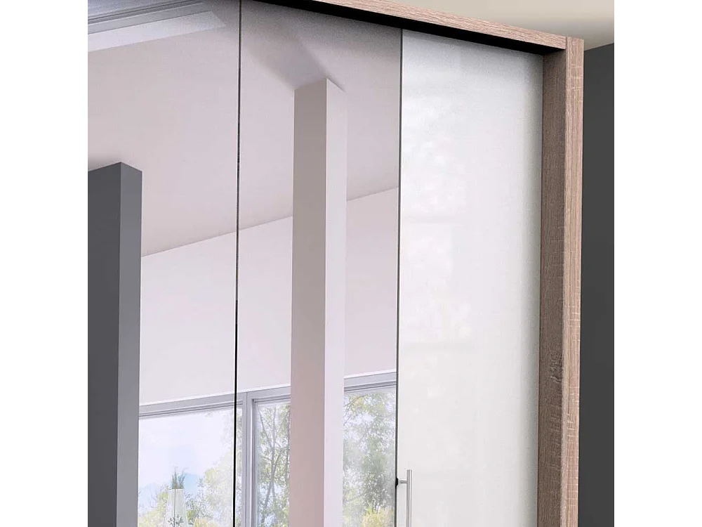 Gleittüren Kleiderschrank mit Spiegel Weiß Eiche Sägerau