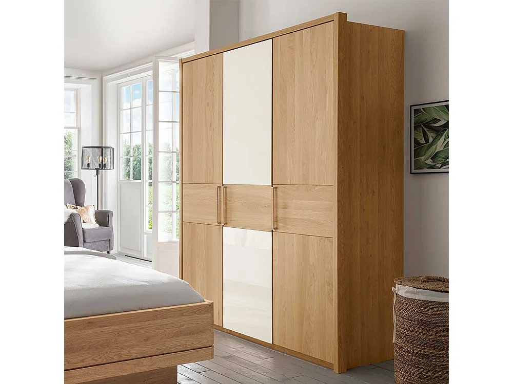 Kleiderschrank in Beige Glas beschichtet Eiche Massivholz