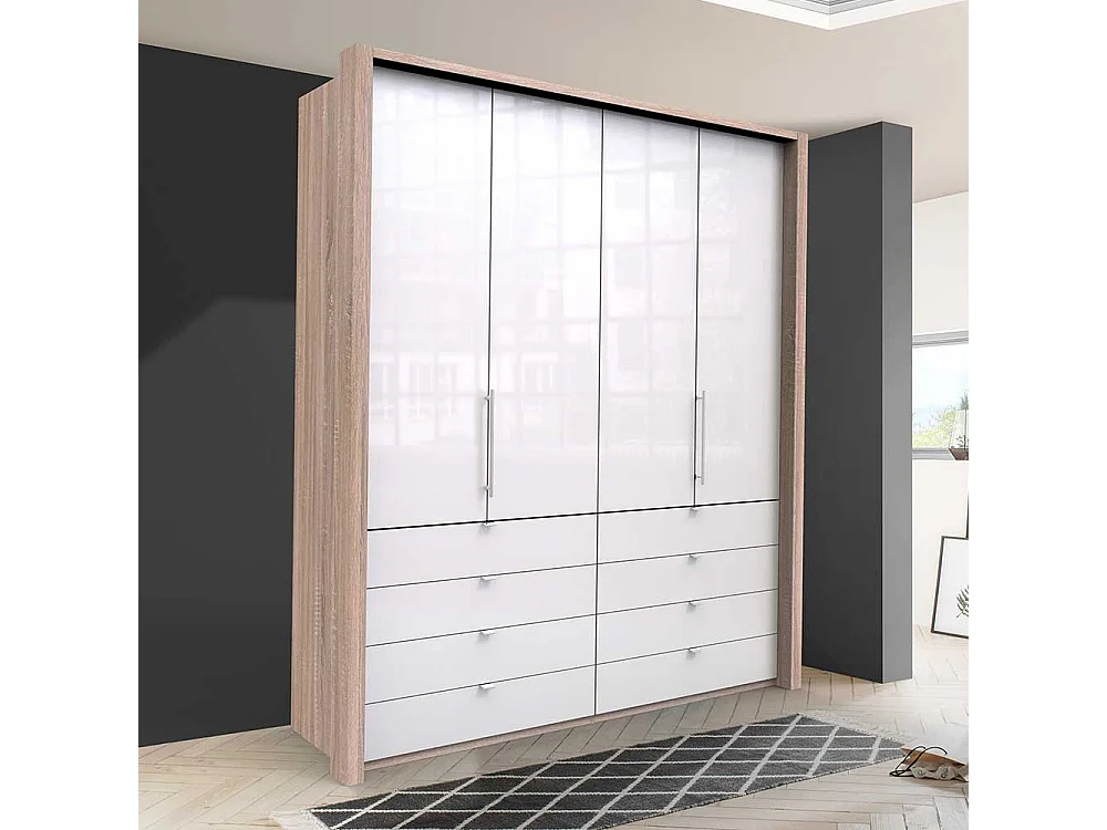 Gleittüren Kleiderschrank mit acht Schubladen Weiß Eiche Sägerau