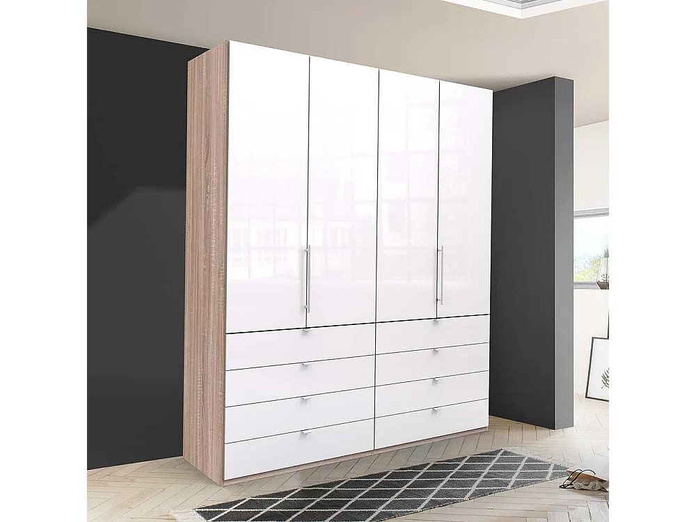 Gleittüren Kleiderschrank mit acht Schubladen Weiß Eiche Sägerau