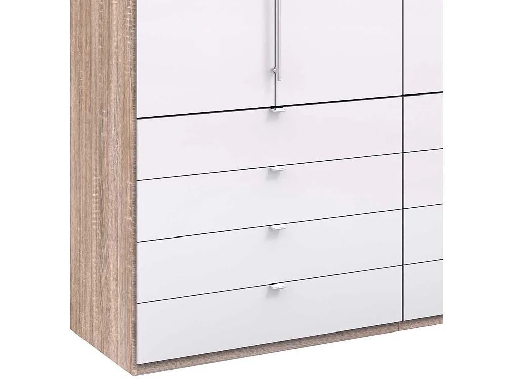 Gleittüren Kleiderschrank mit acht Schubladen Weiß Eiche Sägerau