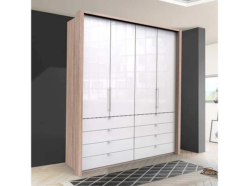 Gleittüren Kleiderschrank mit acht Schubladen Weiß Eiche Sägerau